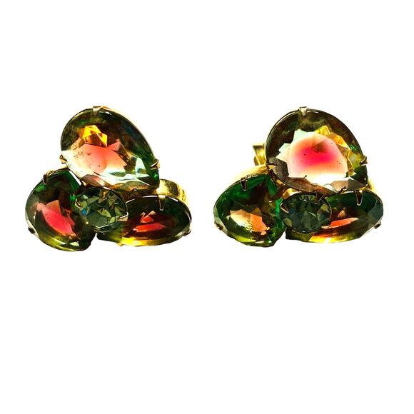 Vintage mid century clip on earrings watermelon green pink glass stones on gold - Picture 3 of 8